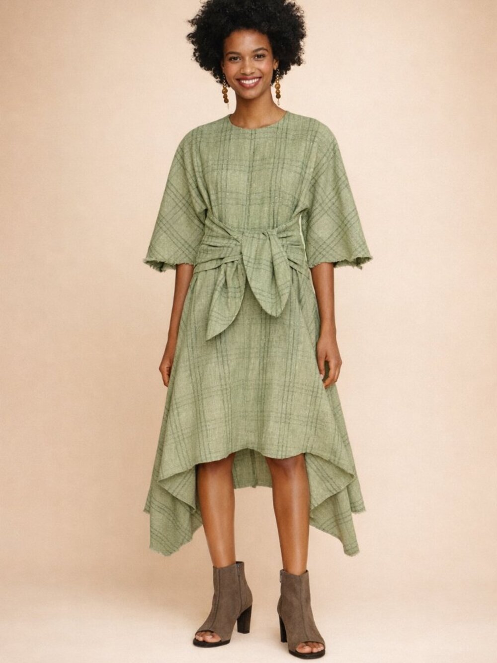 Zara Sage Green Linen Cotton Hi Low Hem Tie Dress Boho Lagenlook Plaid Stripe